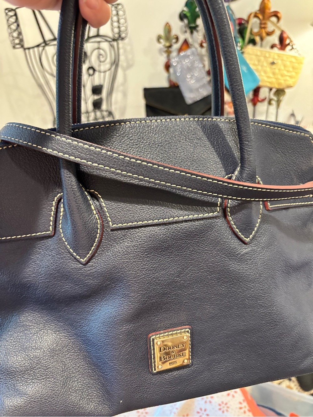 Dooney & Bourke Navy Leather Satchel with Gold-Tone Plaque